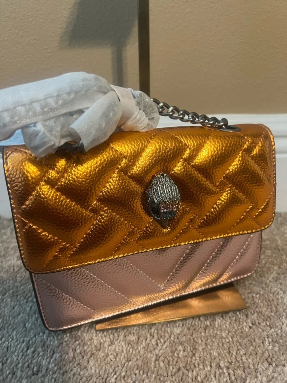 Kurt Geiger Metallic Gold and Rose Quilted Leather Crossbody Bag - Picture 10 of 10